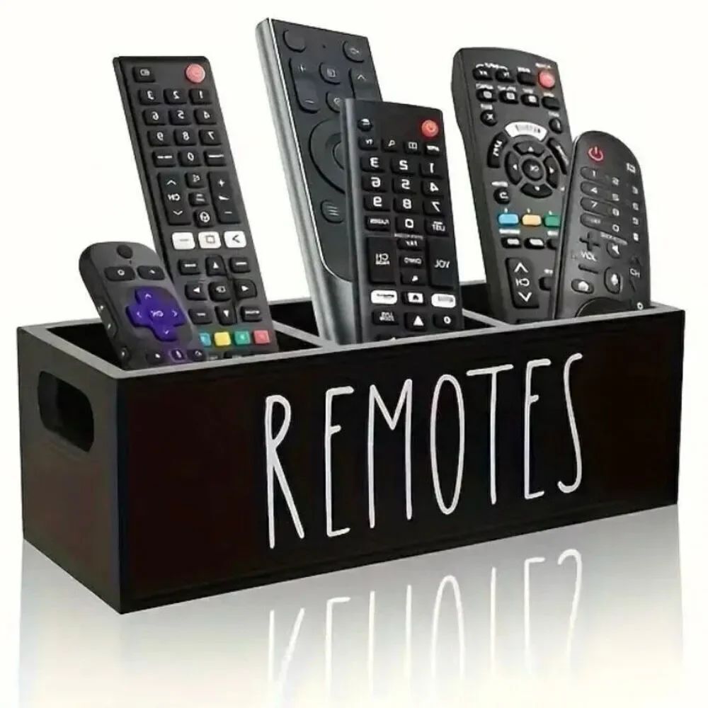 NWT Gorgeous Black Pine Wood Remotes Graphic 3 Slots Minimalist Organizer Holder